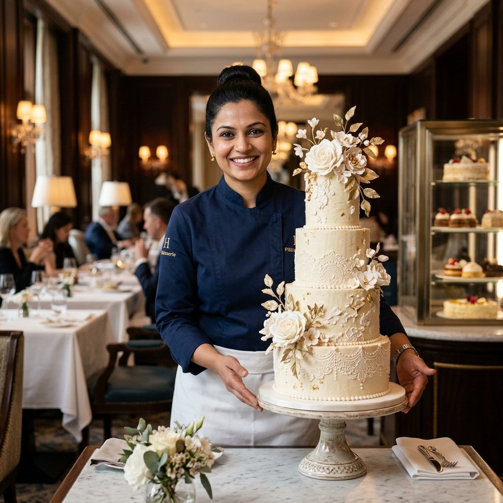 Professional pastry chef plating elegant desserts in a modern hotel kitchen in India