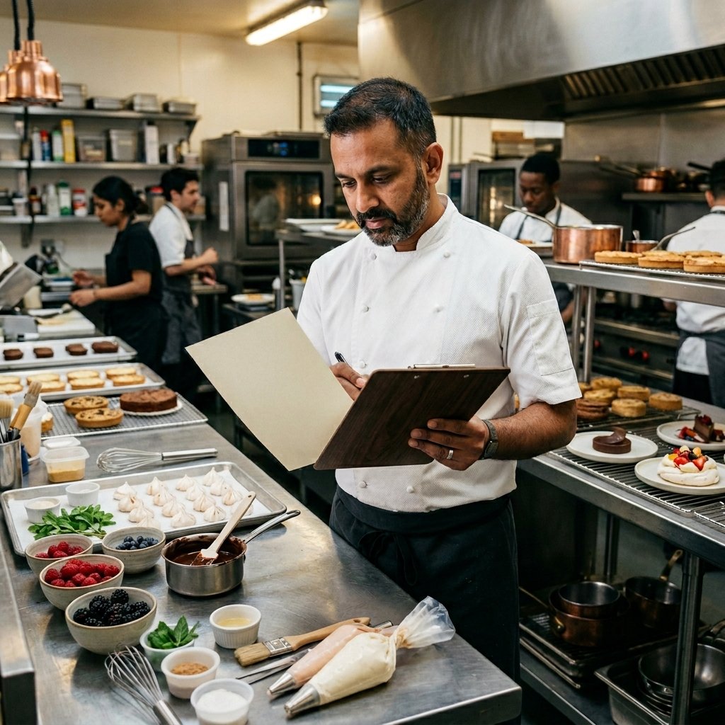 Pastry chef responsibilities at work in professional kitchen