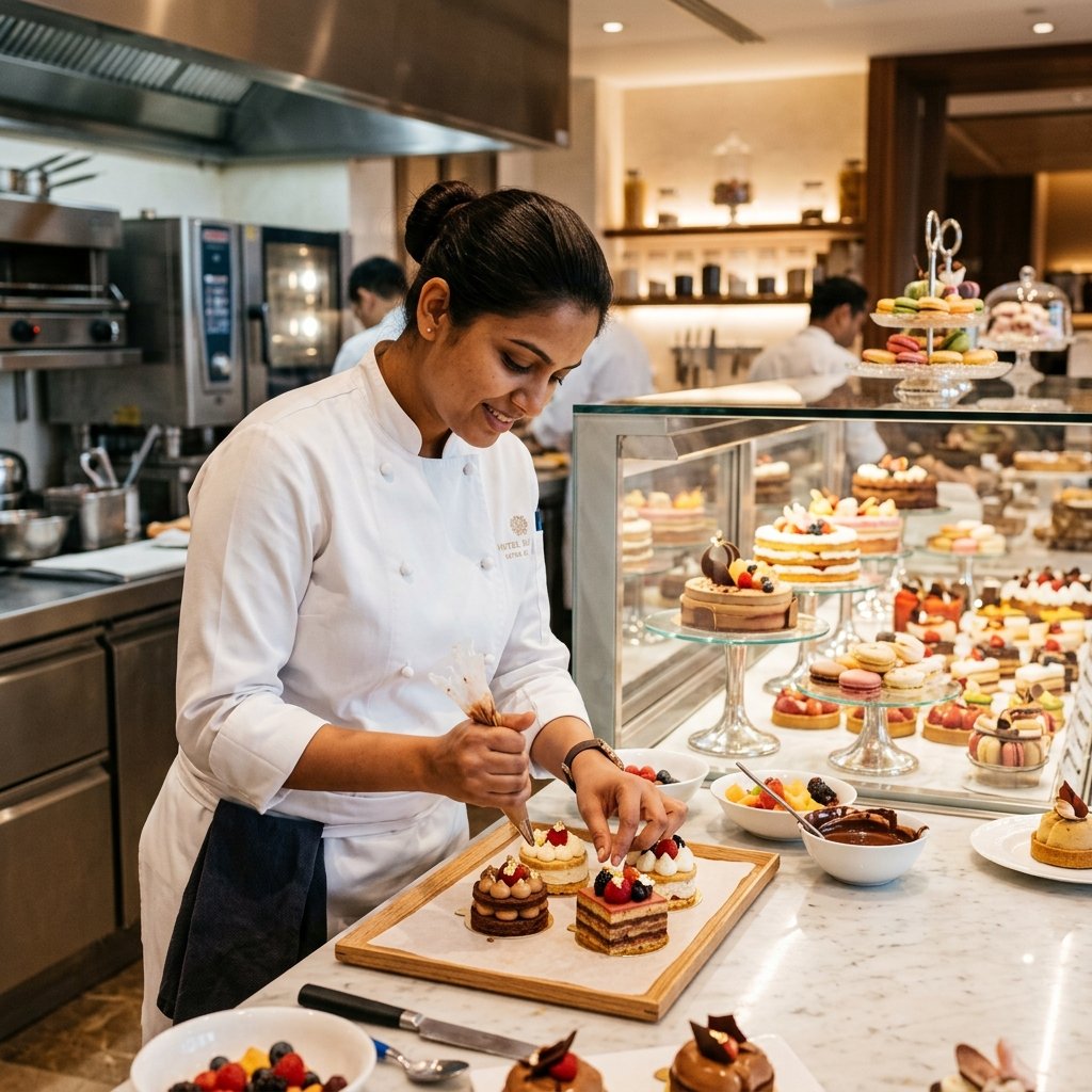 Indian woman pastry chef at 5-star hotel pastry section with dessert display — hotel pastry chef salary India