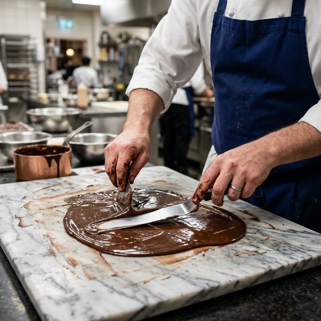 Chocolate tempering on a marble slab — a professional pastry technique requiring precise temperature control