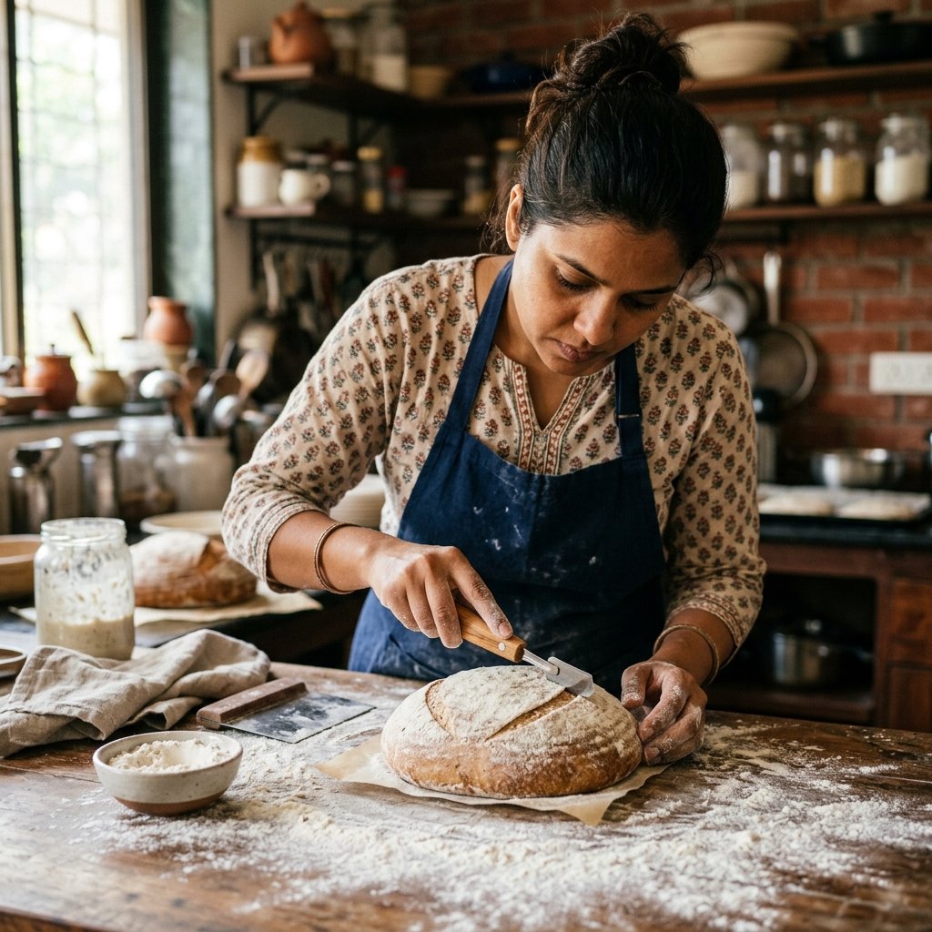 Indian woman scoring sourdough dough with a lame before baking — the scoring pattern controls oven spring direction and creates the signature sourdough ear
