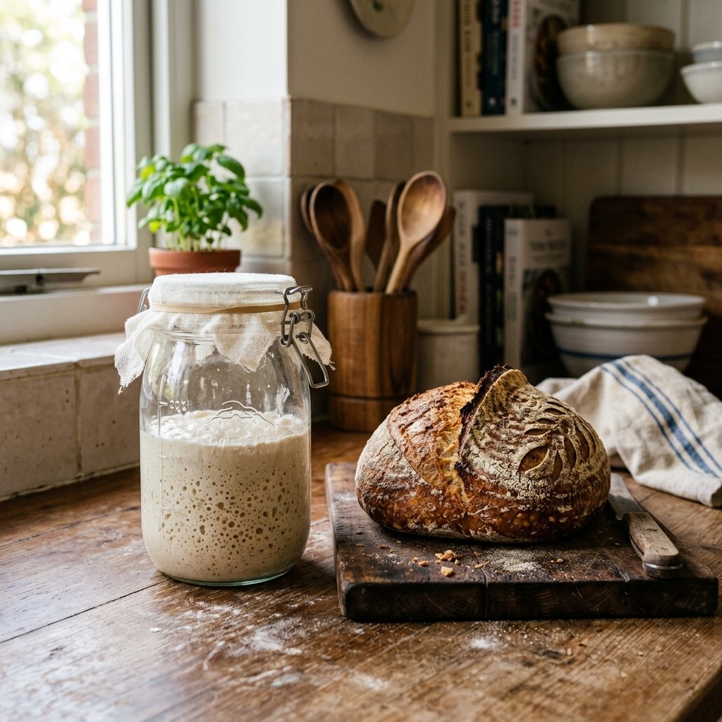 Active sourdough starter in glass jar showing vigorous bubble activity — the hallmark of a healthy wild yeast culture ready for baking
