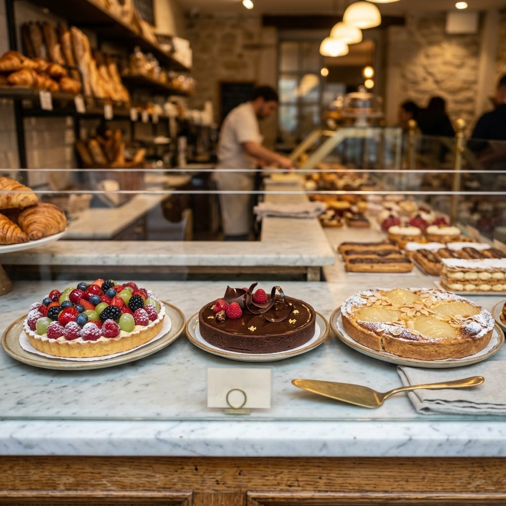 Assortment of professionally made French tarts including fruit tart, chocolate ganache tart, and lemon tart