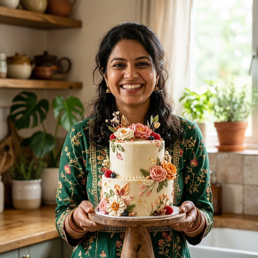 Indian woman pastry chef presenting a beautifully decorated vegan celebration cake