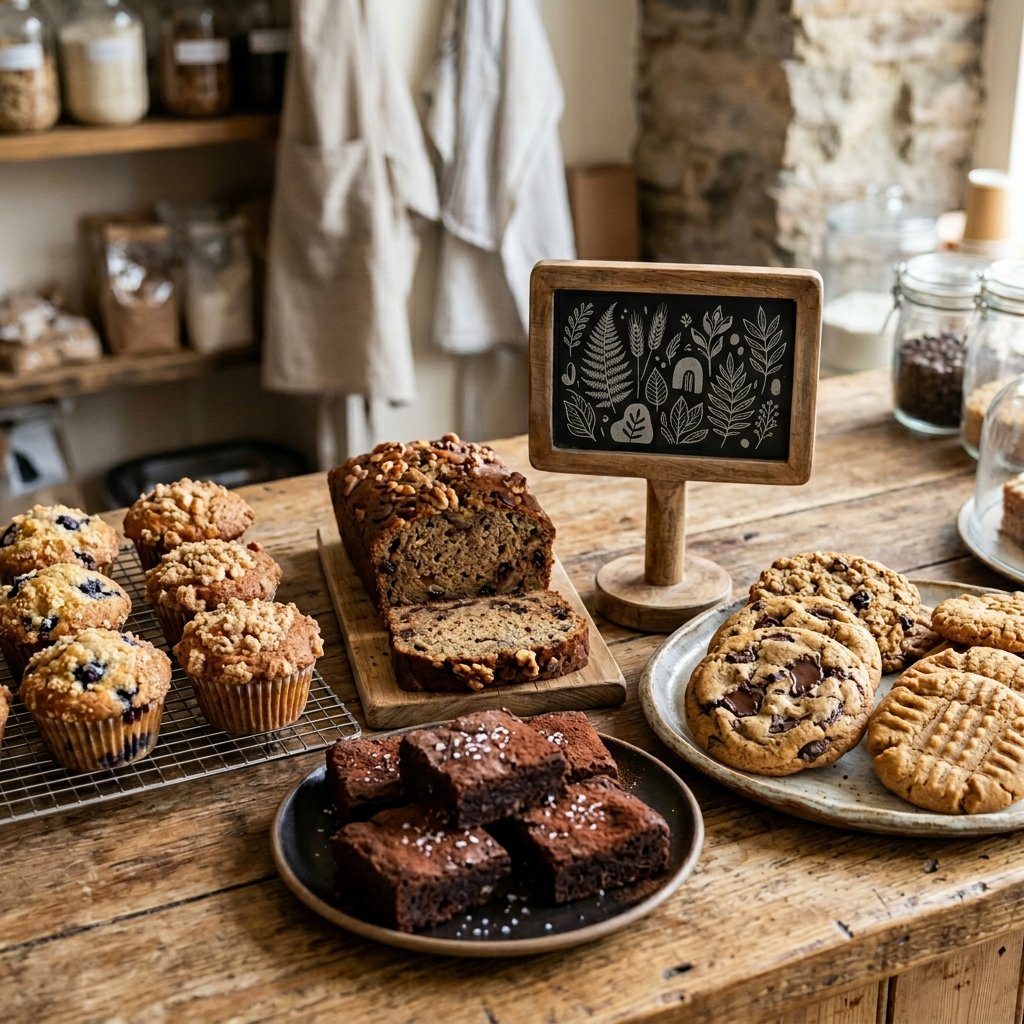 Vibrant display of vegan baked goods including cakes, macarons, and pastries