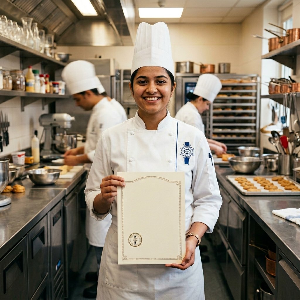 Indian pastry chef holding a professional diploma certificate from a recognised culinary institution